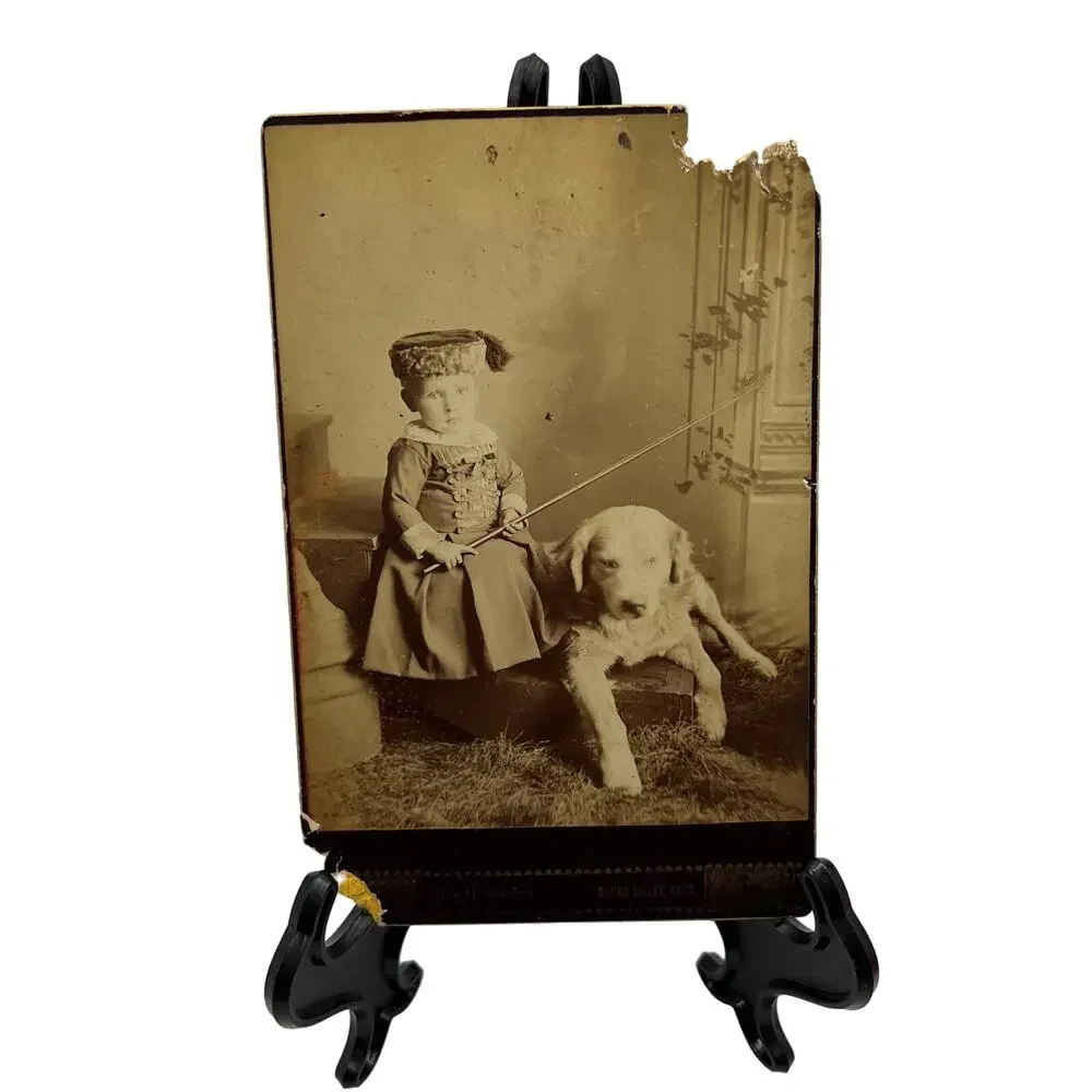 Antique Mounted Card Stock Black White Photo Child Boy Puppy 1800's Photograph‎